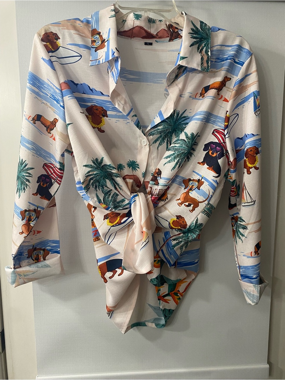 Men's Beach Print Button-Up Shirt - Light Pink with Dachshund Motif